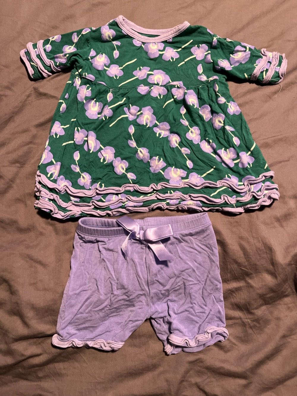 Kickee Pants Green Floral Top with Lavender Shorts